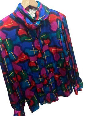 Starington Saks Fifth Avenue Vintage 80's Stained Glass Colorful 100% Silk Blous